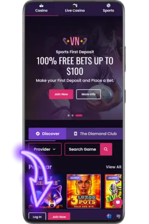 vegasnow login button location bottom left corner
